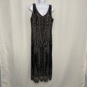 Black Tie Oleg Cassini Vintage Silk Beaded Gown Black Silver Art Deco Maxi 12